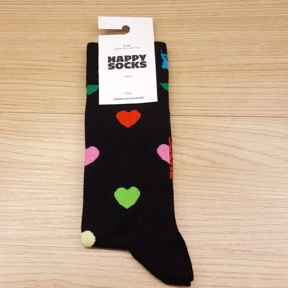 HAPPY SOCKS Crew Socks Black Heart Combed Cotton Unisex M 8-12 W 10-12.5